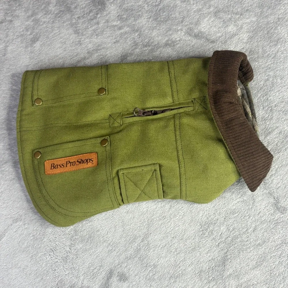 Bass‎ Pro Shops Dog Coat Small Green Canvas Plaid Lined Workwear Field Jacket